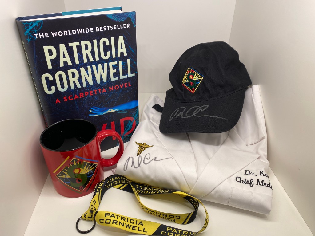 Bundle of Scarpetta merchandise and a copy of Livid by Patricia Cornwell